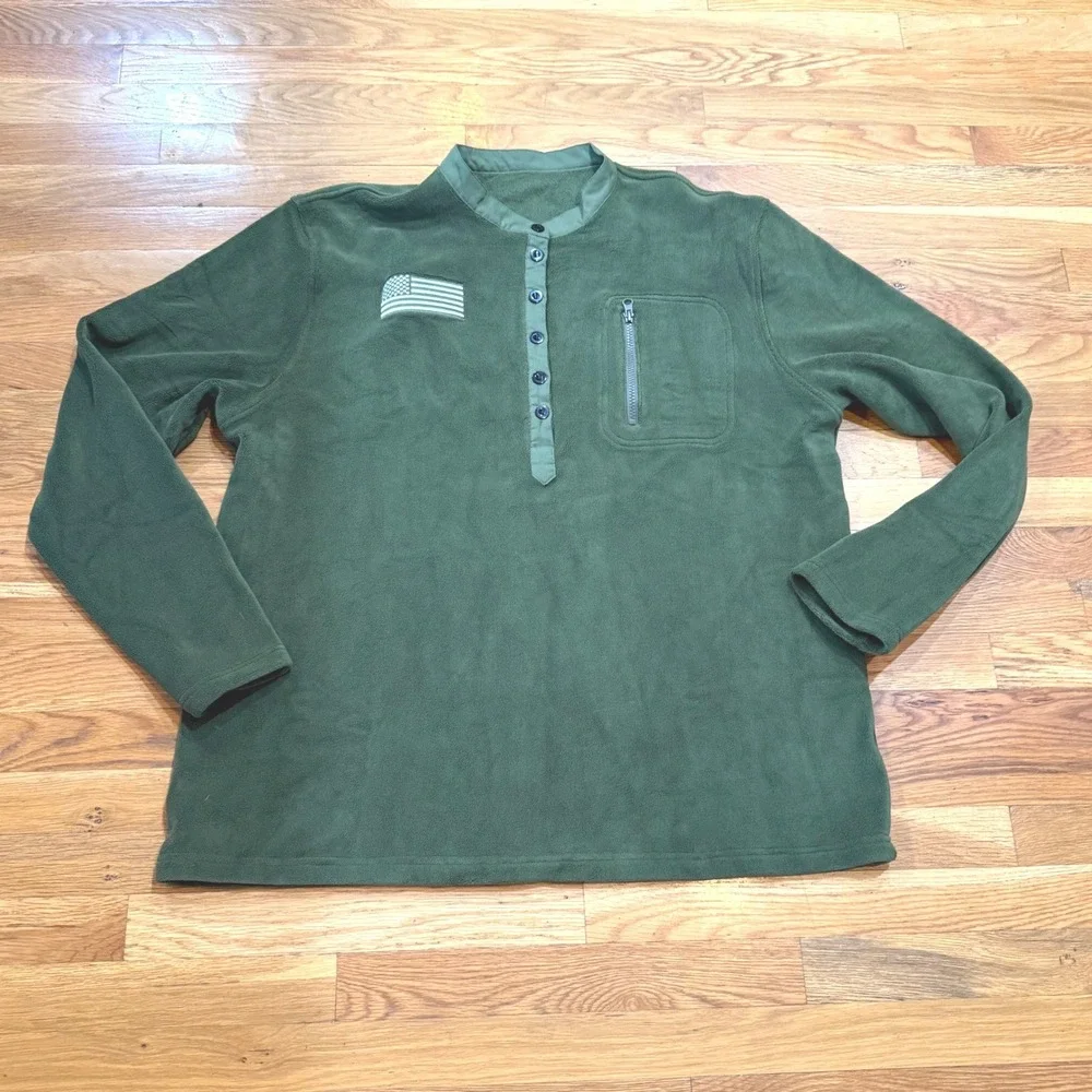 Mens Military Forest Green Fleece Henley Pullover American Flag Patch 3XL